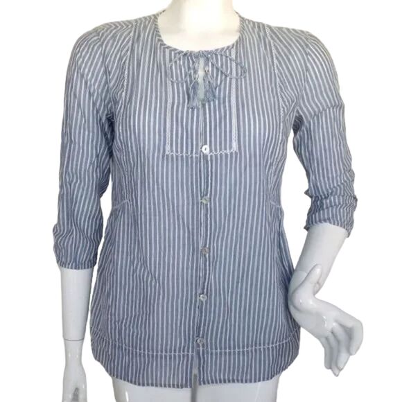 J.JILL Top/Blouse, XS, Blue/White stripes, String/Tassels, Button Front, Peasant - Picture 1 of 13